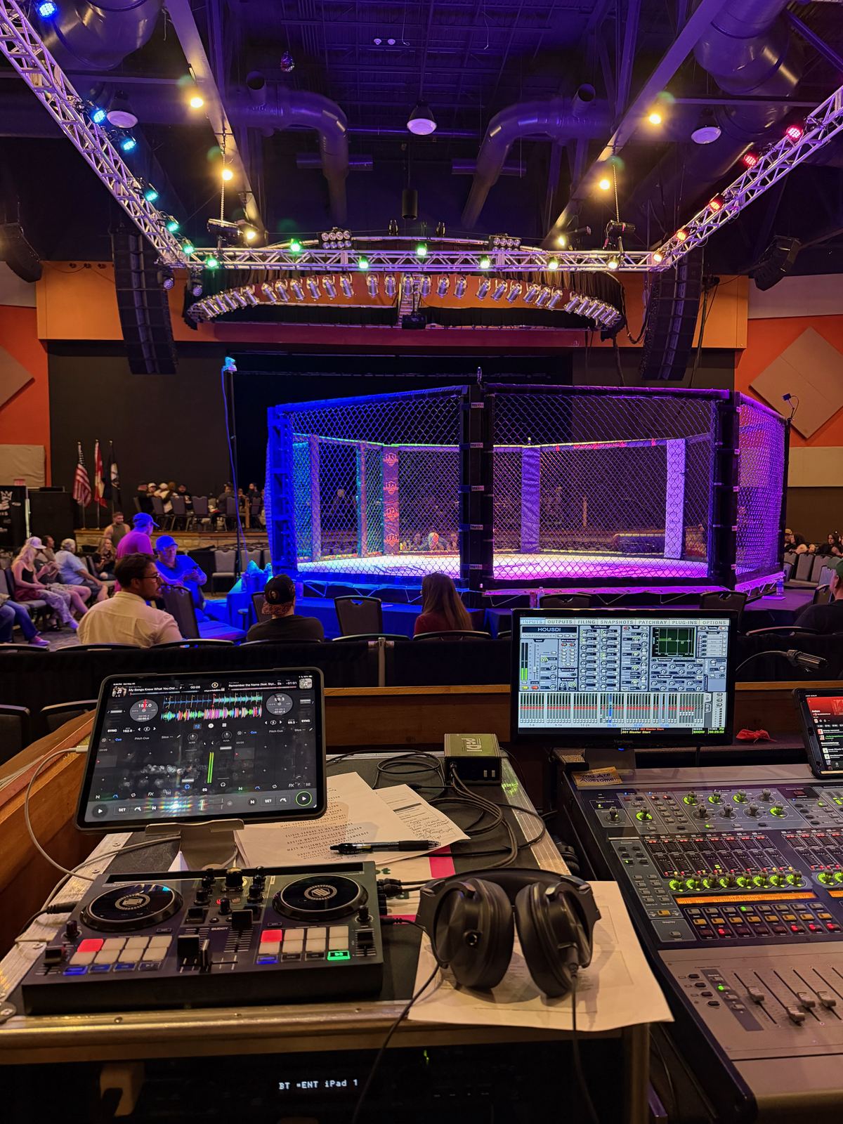 Vertical view of the live audio and music production position at an MMA event